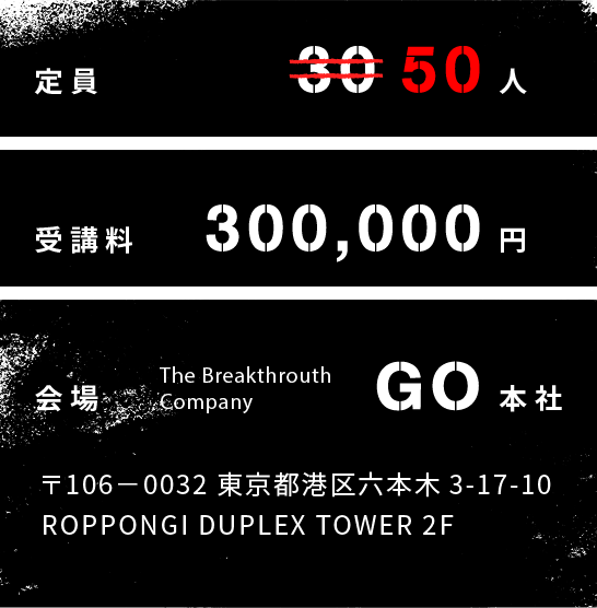 定員50人 受講料300,000円 会場GO本社 〒106-0032 東京都港区六本木 3-17-10 ROPPONGI DUOLEX TOWER 2F